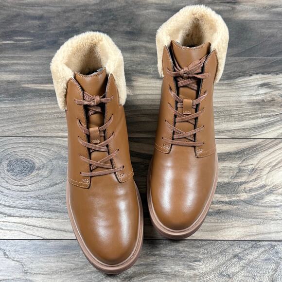 NIB Clarks Andie Mae 8.5M Leather Faux Fur Cuff Comfort Ankle Booties Tan Brown - Picture 3 of 11